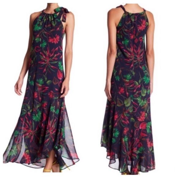 Just Taylor Wm’s Sz 8 Navy Blue Floral Lined Tie Shoulder Back Zip Maxi Dress - Picture 2 of 6